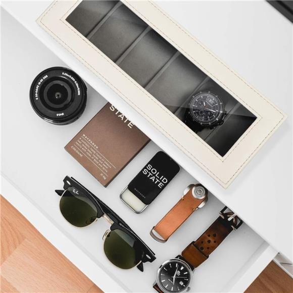 Watch Case 6 Slot Leather Watch Box Display Case Organizer Glass Jewelry Storage - Picture 2 of 7